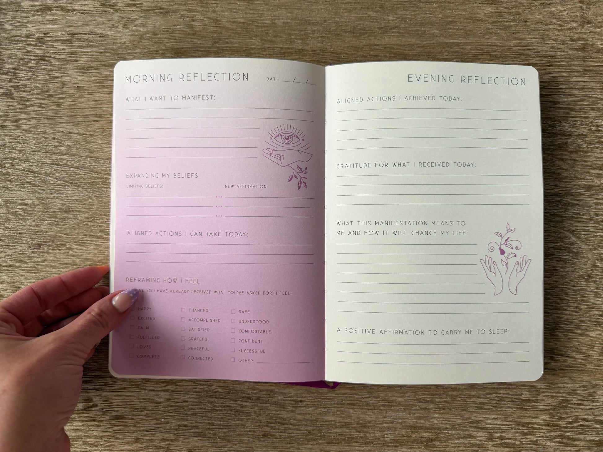 Open journal with 'Morning Reflection' and 'Evening Reflection' sections on a wooden surface.
