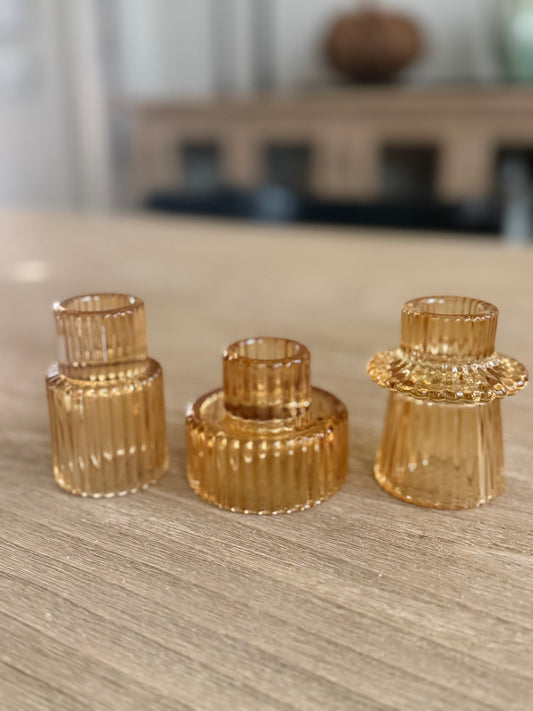 Amber Glass Candle Holders - Set of 3
