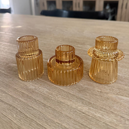 Amber Glass Candle Holders - Set of 3