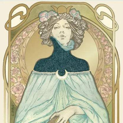 Cover of 'Ethereal Visions Illuminated Tarot Deck' by Matt Hughes with a stylized illustration of a woman holding a book.
